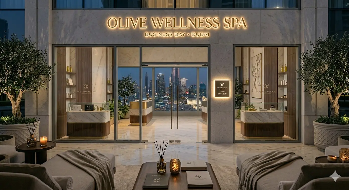 Olive Spa entrance in Business Bay with Burj Khalifa behind