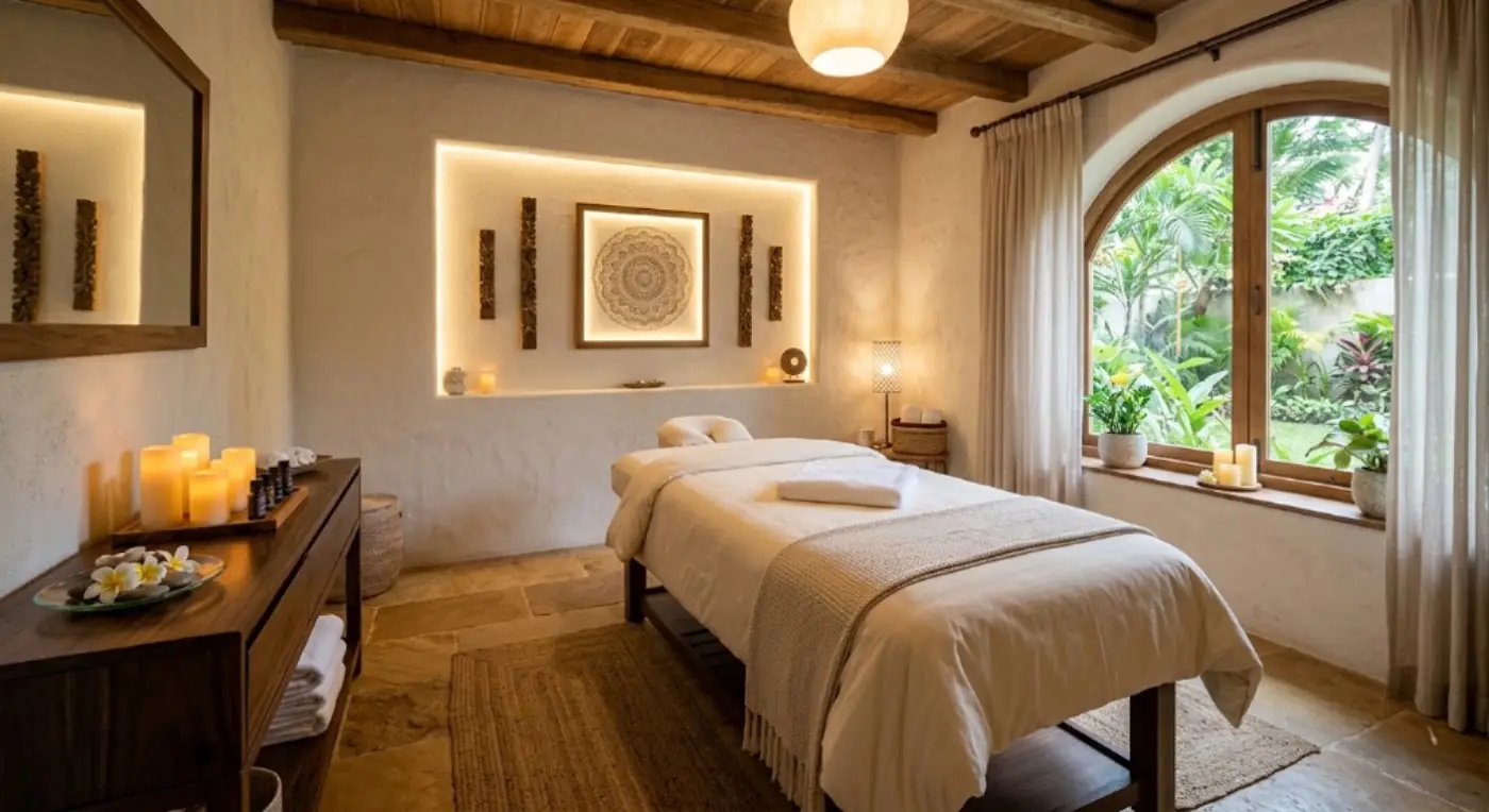 A treatment room at Olive Wellness Spa with an arched window and soft daylight