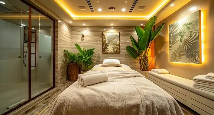 Warm-lit treatment room with two beds